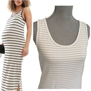 Mamalicious Maternity Ribbed Tank Jersey Midi Dress White Green Stripes Size L